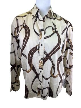 Women’s Cream Button-Up Shirt with Brown Equestrian Print